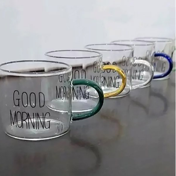 فنجان مدل شات قهوه پیرکس دسته رنگی طرح GOOD MORNING