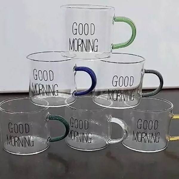 فنجان مدل شات قهوه پیرکس دسته رنگی طرح GOOD MORNING
