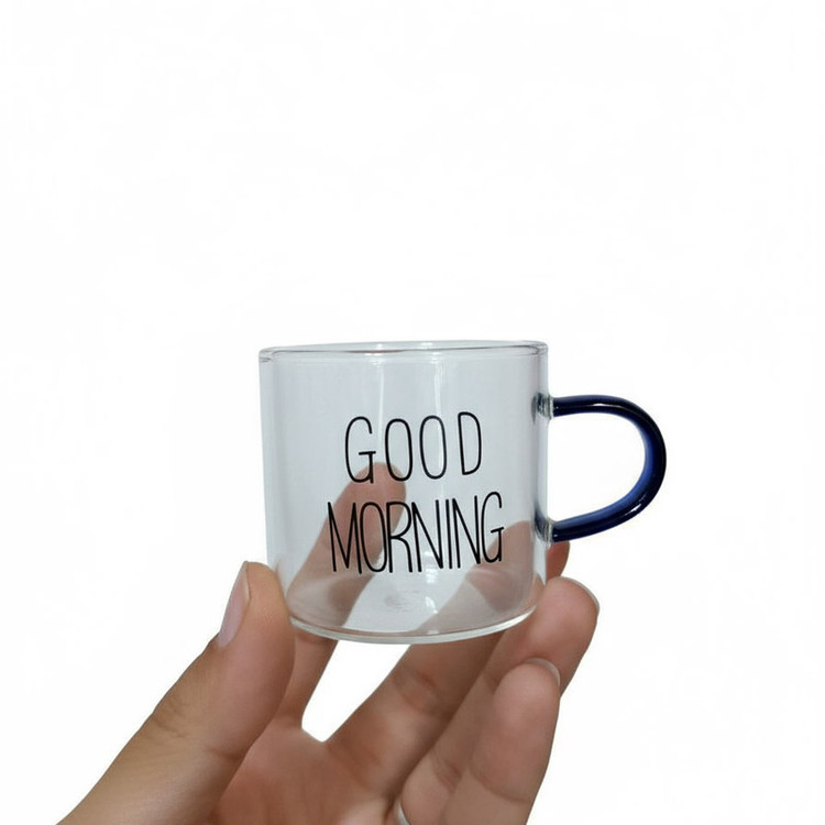 فنجان مدل شات قهوه پیرکس دسته رنگی طرح GOOD MORNING