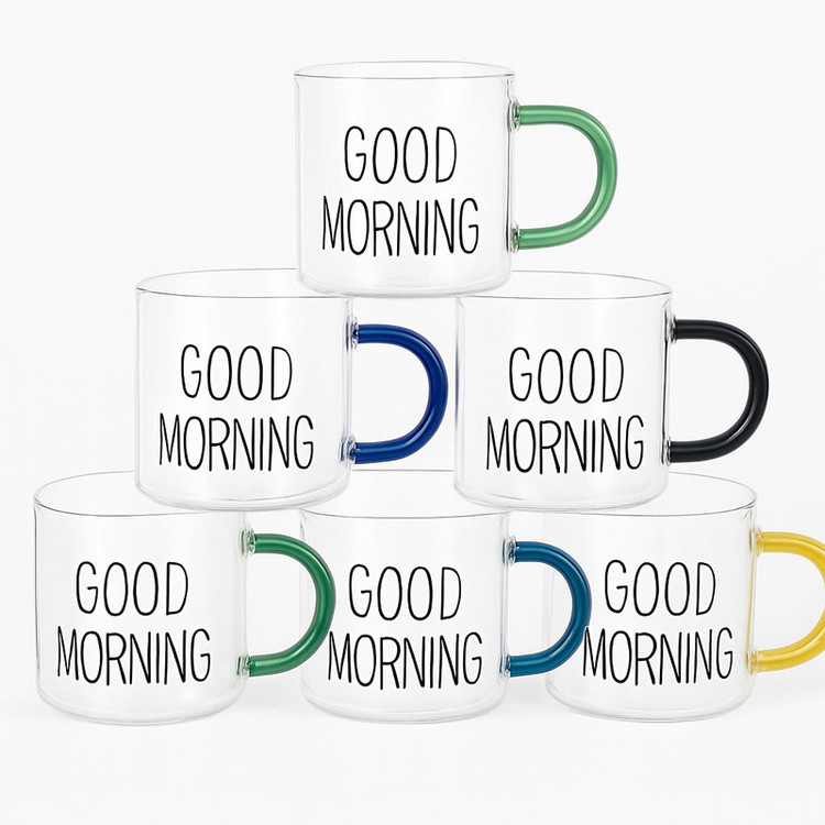 فنجان مدل شات قهوه پیرکس دسته رنگی طرح GOOD MORNING