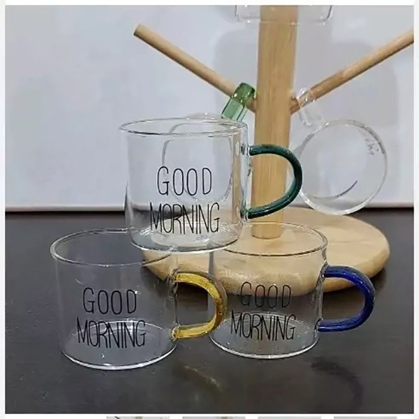 فنجان مدل شات قهوه پیرکس دسته رنگی طرح GOOD MORNING
