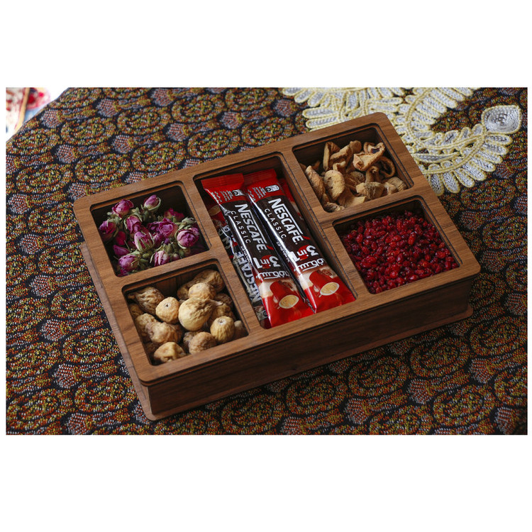 جعبه پذیرایی 5 قسمتی مدل H212 بدنه چوب با روکش چوبی و در اکریلیک شفاف، ابعاد 75×75 میلی متر (4 قسمت) و 160×75 میلی متر (1 قسمت)
