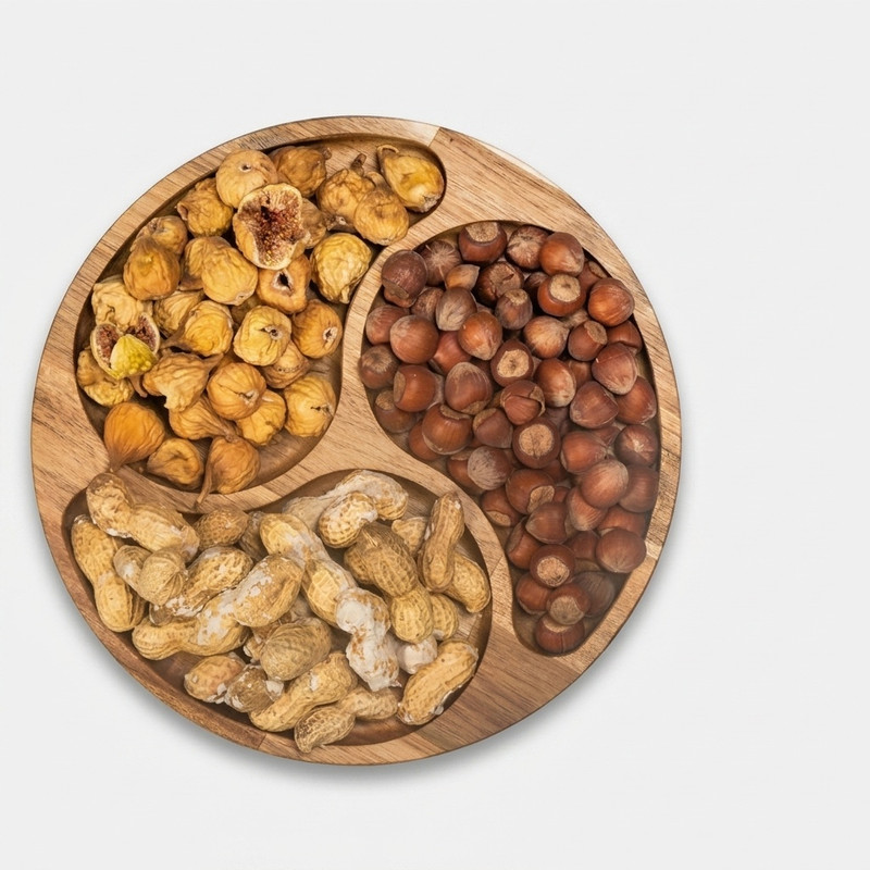 اردوخوری چوبی گردو مدل OD07 با طراحی دایره‌ای، مناسب سرو تنقلات و پذیرایی، سبک و مقاوم، قابلیت شست‌وشو با دست