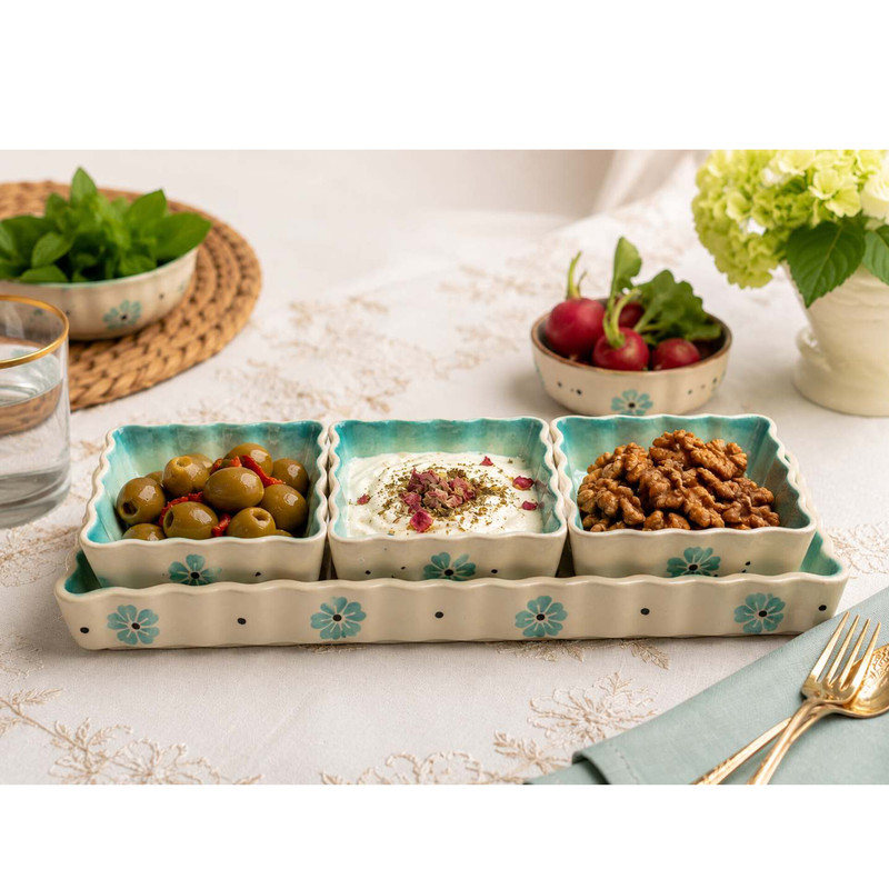 اردوخوری سرامیکی ۴ تکه طرح گل فیروزه ای