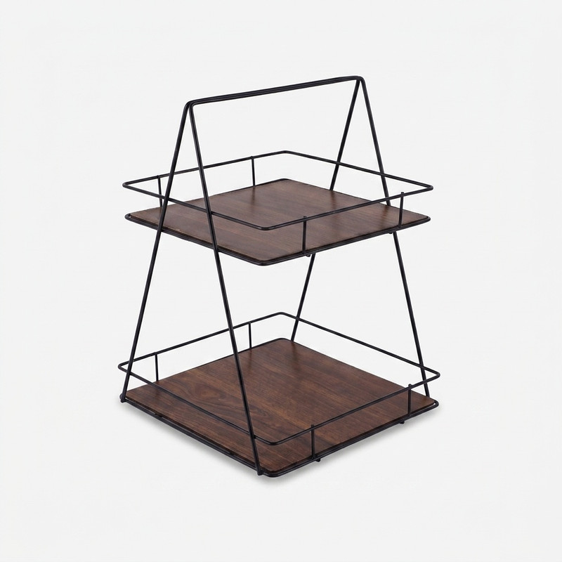 استند پذیرایی دو طبقه MDF و فلز مدل دو طبقه کف چوبی با طراحی مربع و وزن 615 گرم، مناسب سرو و پذیرایی با استحکام بالا و امکان استفاده در فضای داخلی