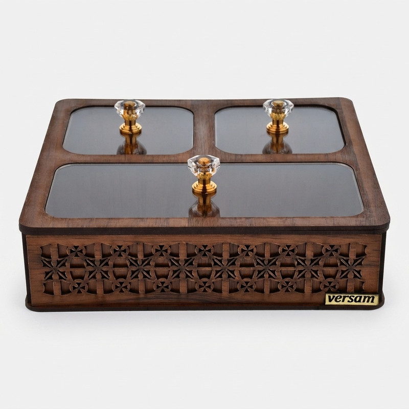 جعبه پذیرایی مدل یاس کد P301 شکلات‌خوری مربع MDF، پلاستیک و پلکسی گلس با ابعاد 20x19x5.5 سانتی‌متر و وزن 330 گرم، غیرقابل شستشو