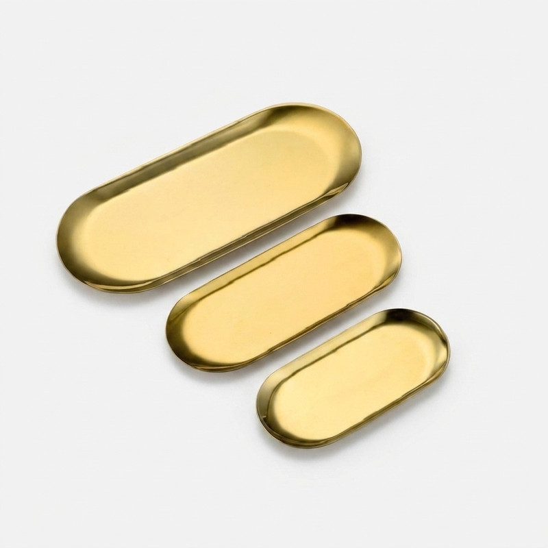 سینی سرو استیل مجموعه سه عددی شامل سایز کوچک 18x8، متوسط 23x9 و بزرگ 26x11 سانتیمتر