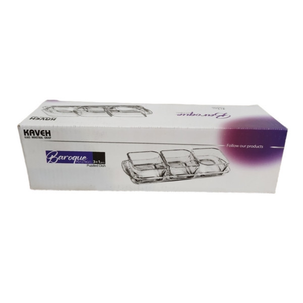 اردوخوری بلور کاوه مدل باروک طرح 3 خانه شیشهای برای سرو تنقلات، ترشیجات و مخلفات