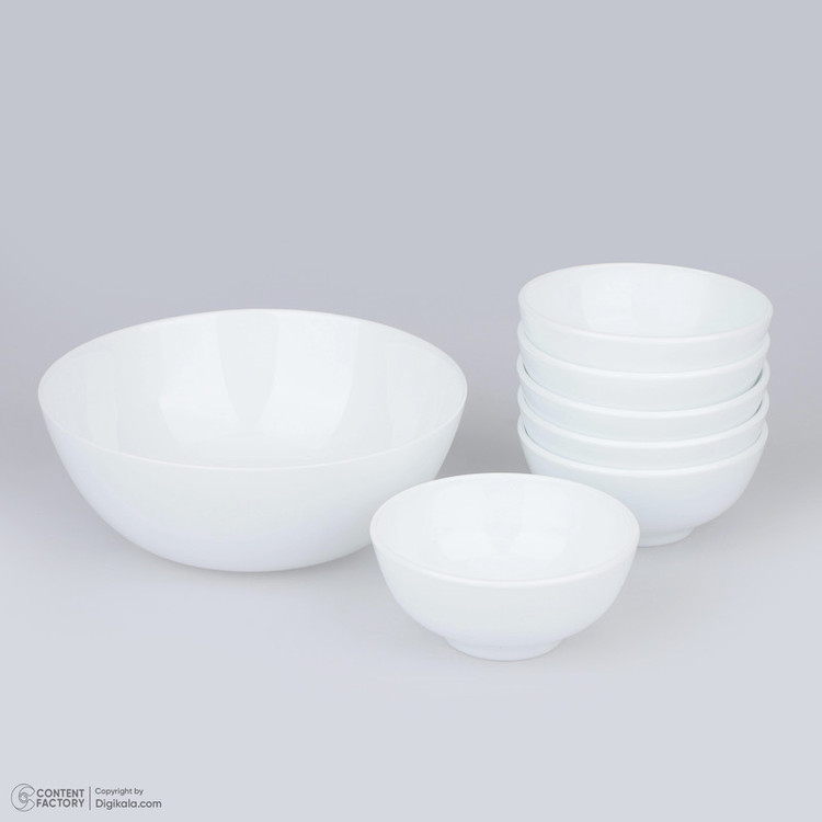 سرویس 7 پارچه آرکوپال دینو طرح دایره ورژن 7 شامل 1 کاسه بزرگ 7×19×19 سانتیمتر وزن 375 گرم و 6 پیاله 6×11×11 سانتیمتر وزن 230 گرم، مقاوم در برابر شوک حرارتی، مناسب شستشو با دست و ماشین ظرفشویی