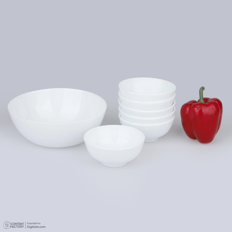 سرویس 7 پارچه آرکوپال دینو طرح دایره ورژن 7 شامل 1 کاسه بزرگ 7×19×19 سانتیمتر وزن 375 گرم و 6 پیاله 6×11×11 سانتیمتر وزن 230 گرم، مقاوم در برابر شوک حرارتی، مناسب شستشو با دست و ماشین ظرفشویی