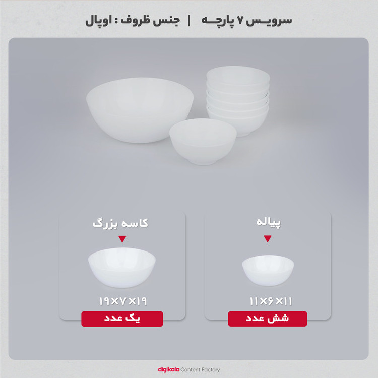سرویس 7 پارچه آرکوپال دینو طرح دایره ورژن 7 شامل 1 کاسه بزرگ 7×19×19 سانتیمتر وزن 375 گرم و 6 پیاله 6×11×11 سانتیمتر وزن 230 گرم، مقاوم در برابر شوک حرارتی، مناسب شستشو با دست و ماشین ظرفشویی