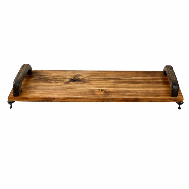 سینی سرو چوب روس طرح دستهدار با پایه فلزی کلاسیک و روکش دو دست جلا، مستطیلی 50×14×4 سانتیمتر، وزن 600 گرم