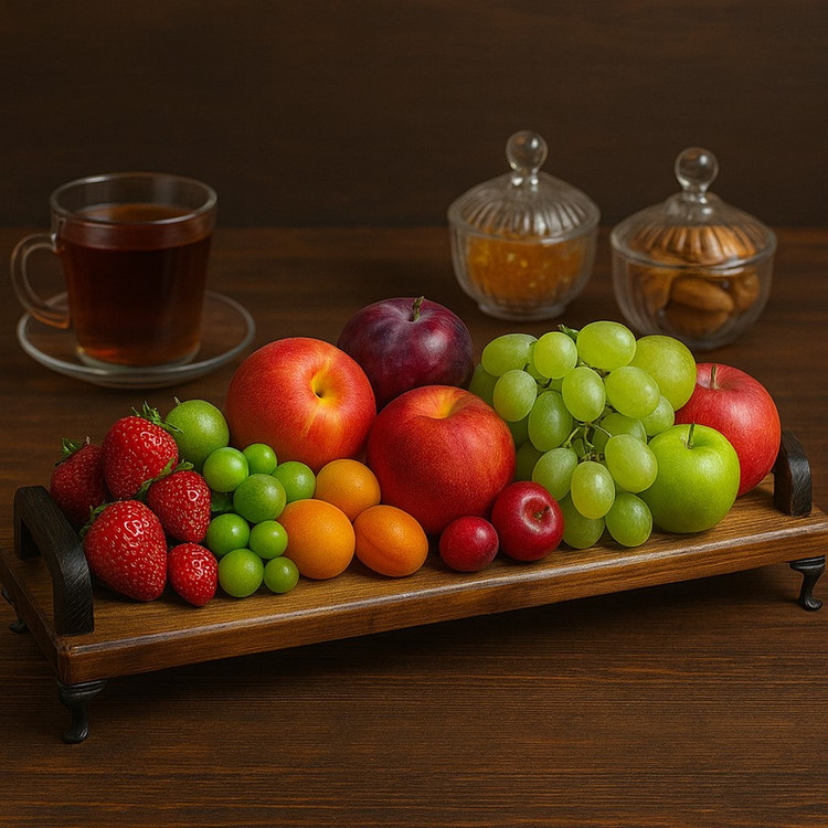 سینی سرو چوب روس طرح دستهدار با پایه فلزی کلاسیک و روکش دو دست جلا، مستطیلی 50×14×4 سانتیمتر، وزن 600 گرم