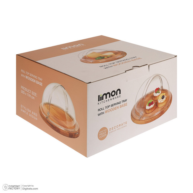 کیکخوری و شیرینیخوری لیمون مدل پایه چوبی با درپوش اکرلیک شفاف، ابعاد 30x30x17 سانتیمتر، ساخت ایران، مناسب محافظت و نمایش کیک و دسر، شستوشوی دستی