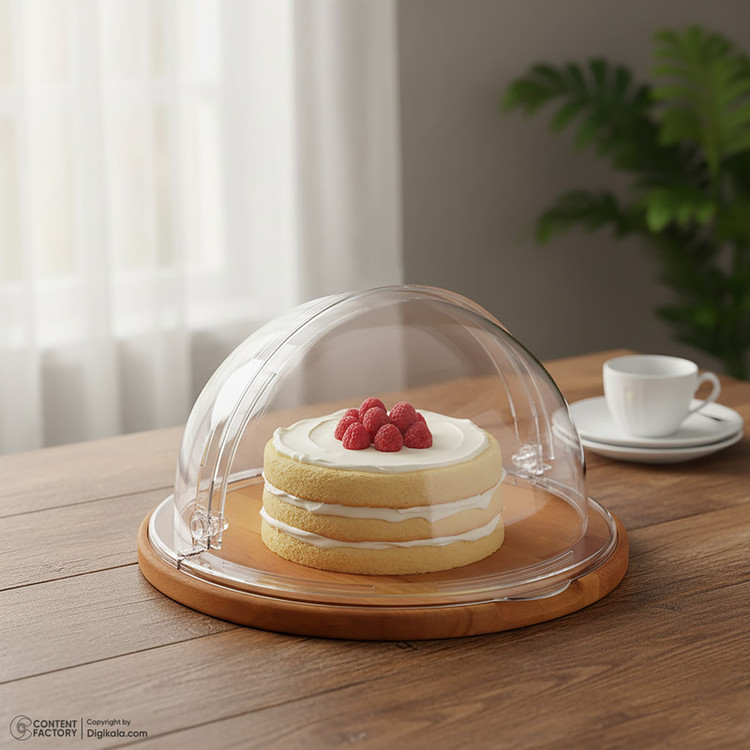 کیکخوری و شیرینیخوری لیمون مدل پایه چوبی با درپوش اکرلیک شفاف، ابعاد 30x30x17 سانتیمتر، ساخت ایران، مناسب محافظت و نمایش کیک و دسر، شستوشوی دستی