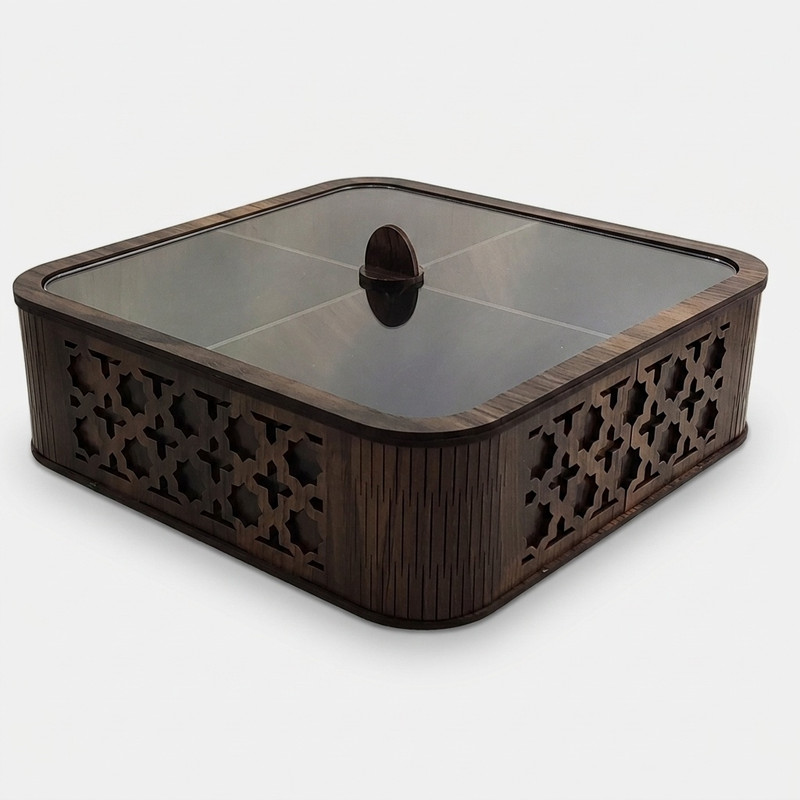 جعبه پذیرایی مدل LZ-1 با بدنه MDF و در پلکسی، مناسب نگهداری آجیل، دمنوش و شکلات، مقاوم در برابر نفوذ گرد و غبار