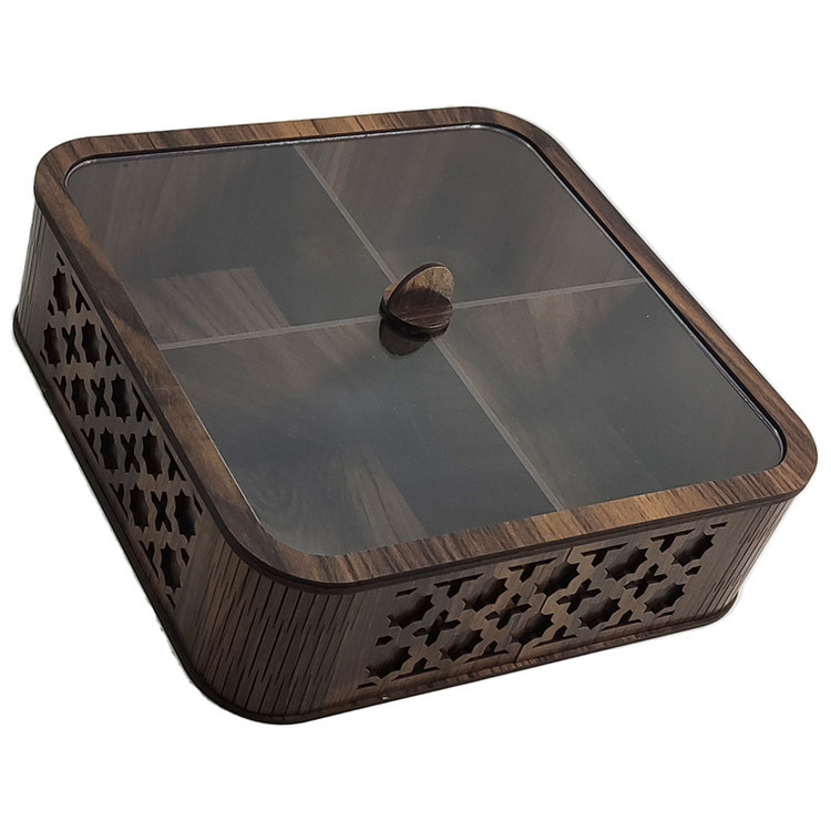 جعبه پذیرایی مدل LZ-1 با بدنه MDF و در پلکسی، مناسب نگهداری آجیل، دمنوش و شکلات، مقاوم در برابر نفوذ گرد و غبار