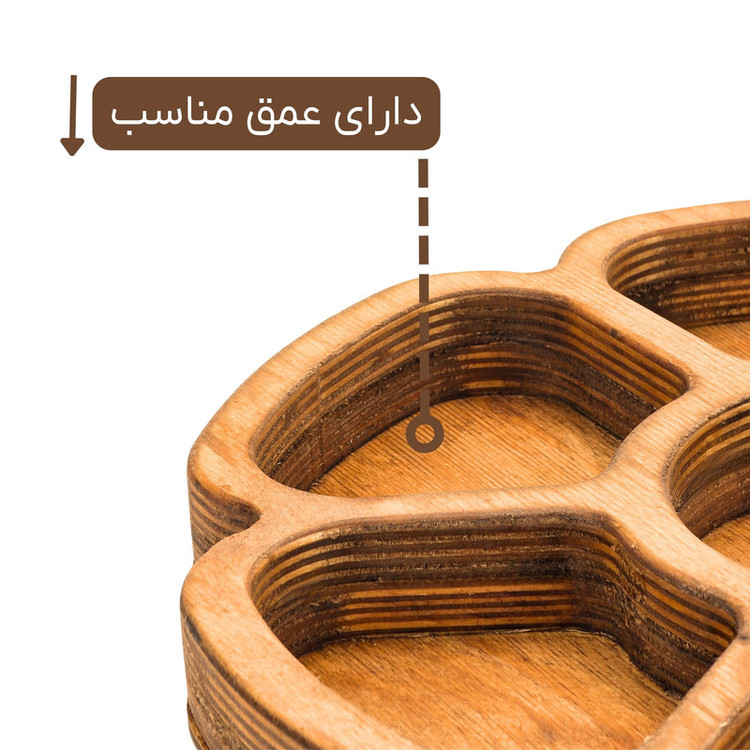 ظرف پذیرایی چوبی طرح گل مدل OD25 با 7 محفظه جداگانه، مناسب سرو آجیل و شکلات، شستشو با دست، ابعاد 28×28×3 سانتیمتر