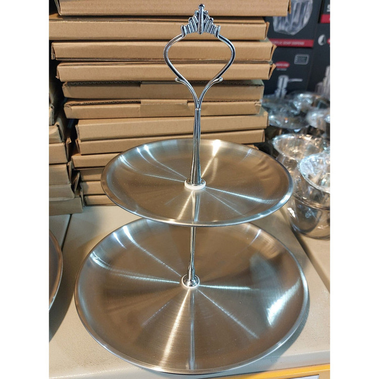 شیرینیخوری استیل 2 طبقه دایرهای با قطر 20 و 14 سانتیمتر، مناسب سرو شیرینی و دسر، قابل شستشو با دست و ماشین ظرفشویی، دارای جعبه، کد DH2