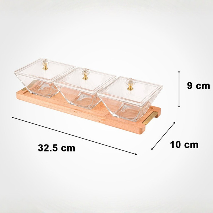 اردوخوری لیمون مدل FIDOKA-2242، با 3 خانه مربع شیشهای، در اکریلیک و پایه چوبی، مناسب سرو پنیر، ابعاد 32×10×9، قابل شستشو با دست و ماشین ظرفشویی