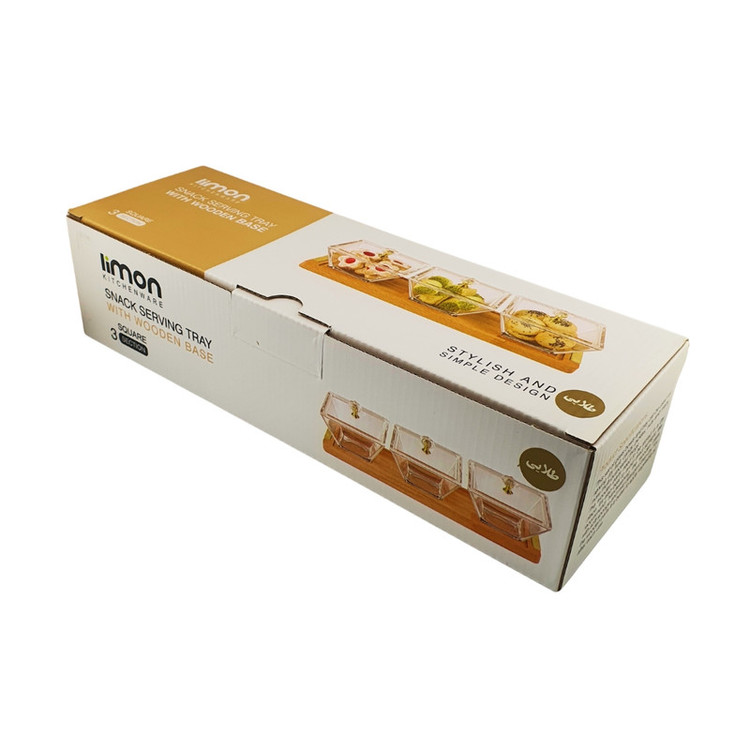 اردوخوری لیمون مدل FIDOKA-2242، با 3 خانه مربع شیشهای، در اکریلیک و پایه چوبی، مناسب سرو پنیر، ابعاد 32×10×9، قابل شستشو با دست و ماشین ظرفشویی