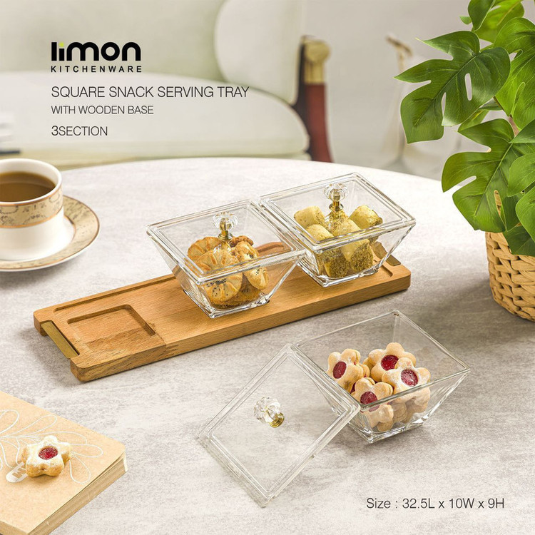 اردوخوری لیمون مدل FIDOKA-2242، با 3 خانه مربع شیشهای، در اکریلیک و پایه چوبی، مناسب سرو پنیر، ابعاد 32×10×9، قابل شستشو با دست و ماشین ظرفشویی