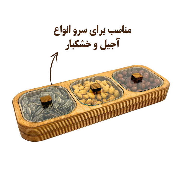 اردوخوری چوبی مدل OD183 ساخته شده از چوب وارداتی با پوشش صددرصد گیاهی، قابل شستوشو با دست، آبگریز و بهداشتی، مناسب سرو آجیل، تنقلات، میوه خشک، شکلات و پاستیل، ابعاد 35×13×4 سانتیمتر، مناسب استفاده خانگی و رستوران