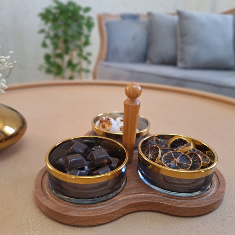 اردوخوری کریستال سهپیاله مدل W1320 با پوشش نانو، زیره و دسته چوبی مقاوم در برابر خط و خش، قابلیت استفاده با یا بدون دسته، طراحی مدرن و مناسب سرو تنقلات و هدیه