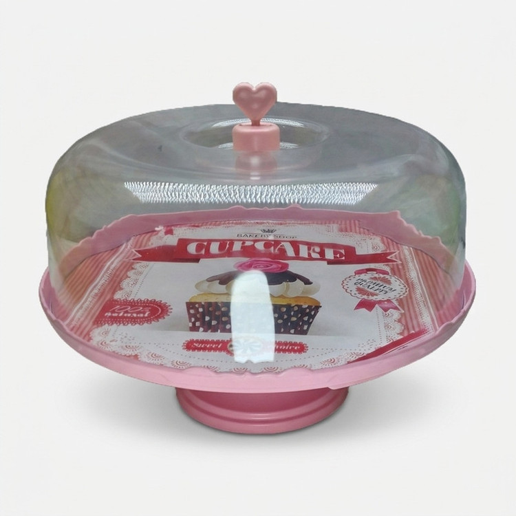 ظرف سرو کیک طرح کاپکیک با درپوش شفاف، پایه ثابت و دستگیره قلبیشکل برای نمایش و نگهداری کیک و دسر
