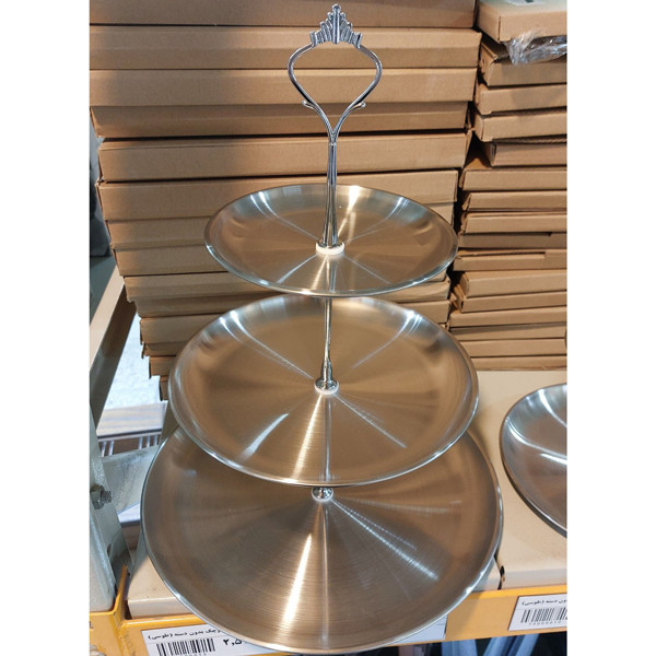 شیرینیخوری 3 طبقه مدل DH3 استیل دایرهای با قطر 14، 20، 26 سانتیمتر مناسب شستشو با دست و ماشین ظرفشویی دارای جعبه