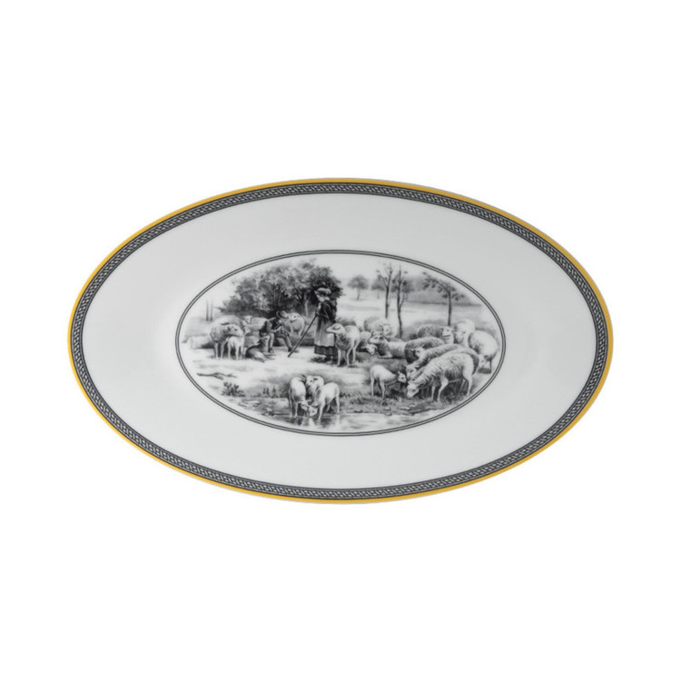 دیس چینی زرین ایران مدل ایتالیا 24 با طراحی بیضی، ابعاد 24×14×1.5 سانتیمتر، وزن 250 گرم، مناسب مایکروویو و ماشین ظرفشویی