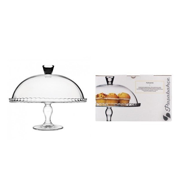 ظرف کیکخوری پایهدار پاشاباغچه با در شیشهای مدل 95200، جنس کریستال، ابعاد 26×32×32 سانتیمتر، وزن 3233 گرم، مناسب استفاده در یخچال و مایکروویو و شستشو با ماشین ظرفشویی