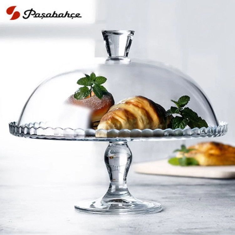 ظرف کیکخوری پایهدار پاشاباغچه با در شیشهای مدل 95200، جنس کریستال، ابعاد 26×32×32 سانتیمتر، وزن 3233 گرم، مناسب استفاده در یخچال و مایکروویو و شستشو با ماشین ظرفشویی