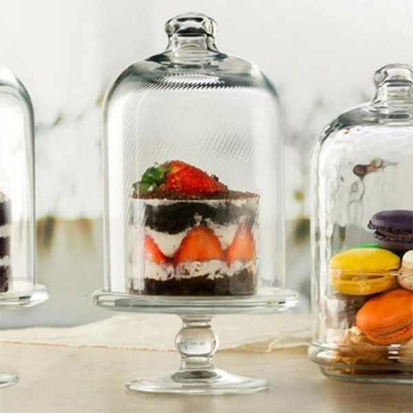 ظرف سرو پایهدار و دردار شیشهای مدل Midi Patisserie 96698، مناسب سرو کاپ کیک و ماکارون، قطر سینی 12.5 سانتیمتر