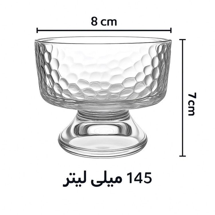 دسرخوری شیشهای مدل یخی 6 عددی، فرم دایرهای و پایهدار، ابعاد 6×7×8، وزن 200 گرم، قابل شستشو با دست و ماشین ظرفشویی، دارای جعبه