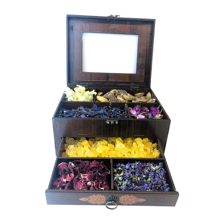 جعبه پذیرایی کشودار با در شیشهای و قابلیت تغییر چیدمان در بیش از 15 حالت، دارای 2 طبقه، جنس MDF، مدل الوند، ابعاد 12×20×25 سانتیمتر، وزن 800 گرم، کد SB137