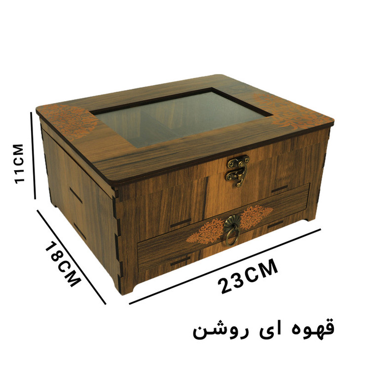 جعبه پذیرایی کشودار با در شیشهای و قابلیت تغییر چیدمان در بیش از 15 حالت، دارای 2 طبقه، جنس MDF، مدل الوند، ابعاد 12×20×25 سانتیمتر، وزن 800 گرم، کد SB137
