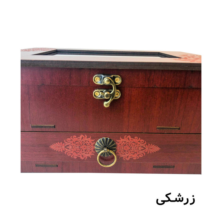 جعبه پذیرایی کشودار با در شیشهای و قابلیت تغییر چیدمان در بیش از 15 حالت، دارای 2 طبقه، جنس MDF، مدل الوند، ابعاد 12×20×25 سانتیمتر، وزن 800 گرم، کد SB137