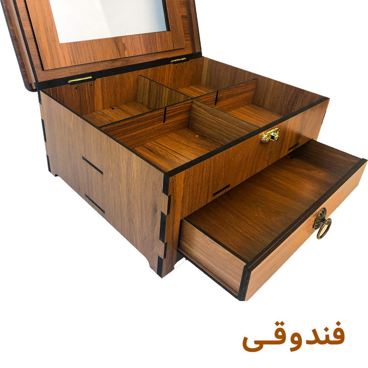جعبه پذیرایی کشودار با در شیشهای و قابلیت تغییر چیدمان در بیش از 15 حالت، دارای 2 طبقه، جنس MDF، مدل الوند، ابعاد 12×20×25 سانتیمتر، وزن 800 گرم، کد SB137