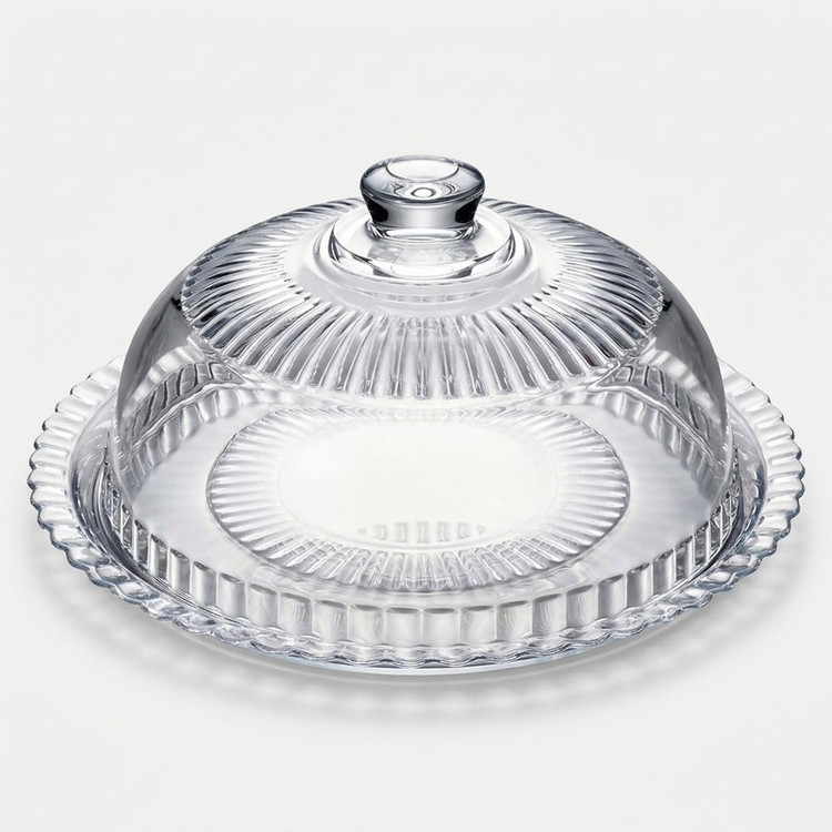 ظرف کیکخوری لومینارک مدل DOME، دارای 2 تکه، دیس زیرین 32 سانتیمتر با محفظه گنبدی قطر 27 سانتیمتر و ارتفاع 15 سانتیمتر، مناسب پذیرایی گرم و سرد، قابل استفاده در مایکروویو و شستشو با ماشین ظرفشویی