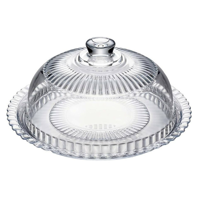 ظرف کیکخوری لومینارک مدل DOME، دارای 2 تکه، دیس زیرین 32 سانتیمتر با محفظه گنبدی قطر 27 سانتیمتر و ارتفاع 15 سانتیمتر، مناسب پذیرایی گرم و سرد، قابل استفاده در مایکروویو و شستشو با ماشین ظرفشویی