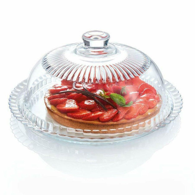ظرف کیکخوری لومینارک مدل DOME، دارای 2 تکه، دیس زیرین 32 سانتیمتر با محفظه گنبدی قطر 27 سانتیمتر و ارتفاع 15 سانتیمتر، مناسب پذیرایی گرم و سرد، قابل استفاده در مایکروویو و شستشو با ماشین ظرفشویی