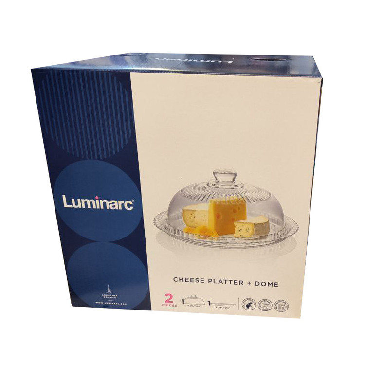 ظرف کیکخوری لومینارک مدل DOME، دارای 2 تکه، دیس زیرین 32 سانتیمتر با محفظه گنبدی قطر 27 سانتیمتر و ارتفاع 15 سانتیمتر، مناسب پذیرایی گرم و سرد، قابل استفاده در مایکروویو و شستشو با ماشین ظرفشویی