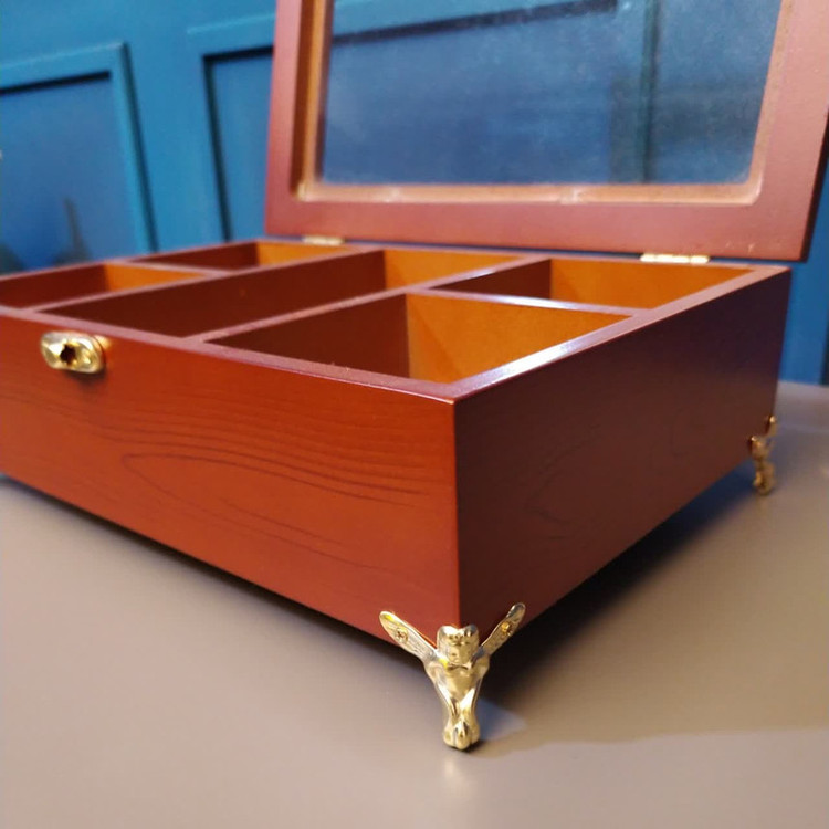 جعبه پذیرایی دمنوش و تیبگ 5 بخشی MDF با 4 محفظه کوچک برای دمنوش، تیبگ و تنقلات و 1 محفظه بزرگ برای نبات و نسکافه