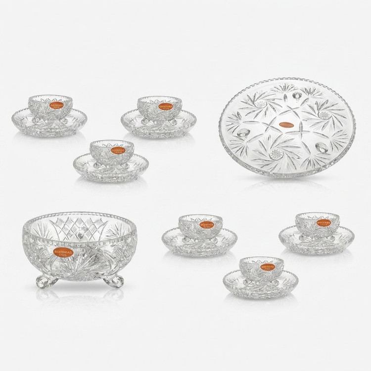 سرویس پذیرایی کریستال تراش دستخورشیدی دکو بوهمیا مدل Star Galaxy کد 7001، 14 پارچه، مناسب شستشو با دست و ماشین ظرفشویی، شامل 6 پیاله، 6 پیشدستی، کاسه آجیل سهپایه با قطر 20 سانتیمتر، شیرینیخوری سهپایه با قطر 30 سانتیمتر