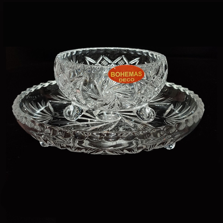 سرویس پذیرایی کریستال تراش دستخورشیدی دکو بوهمیا مدل Star Galaxy کد 7001، 14 پارچه، مناسب شستشو با دست و ماشین ظرفشویی، شامل 6 پیاله، 6 پیشدستی، کاسه آجیل سهپایه با قطر 20 سانتیمتر، شیرینیخوری سهپایه با قطر 30 سانتیمتر