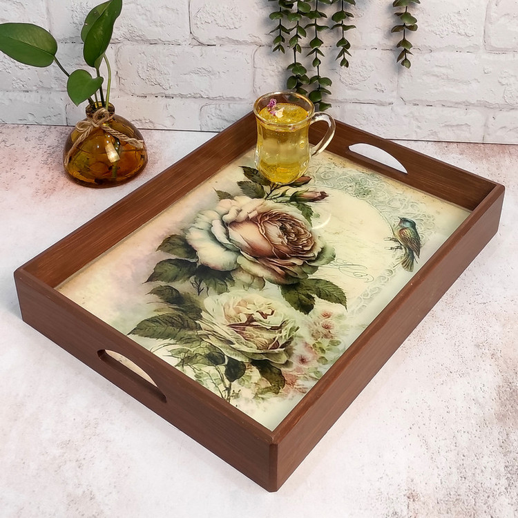 سینی دستساز چوبی رزینی طرح گل رخ
