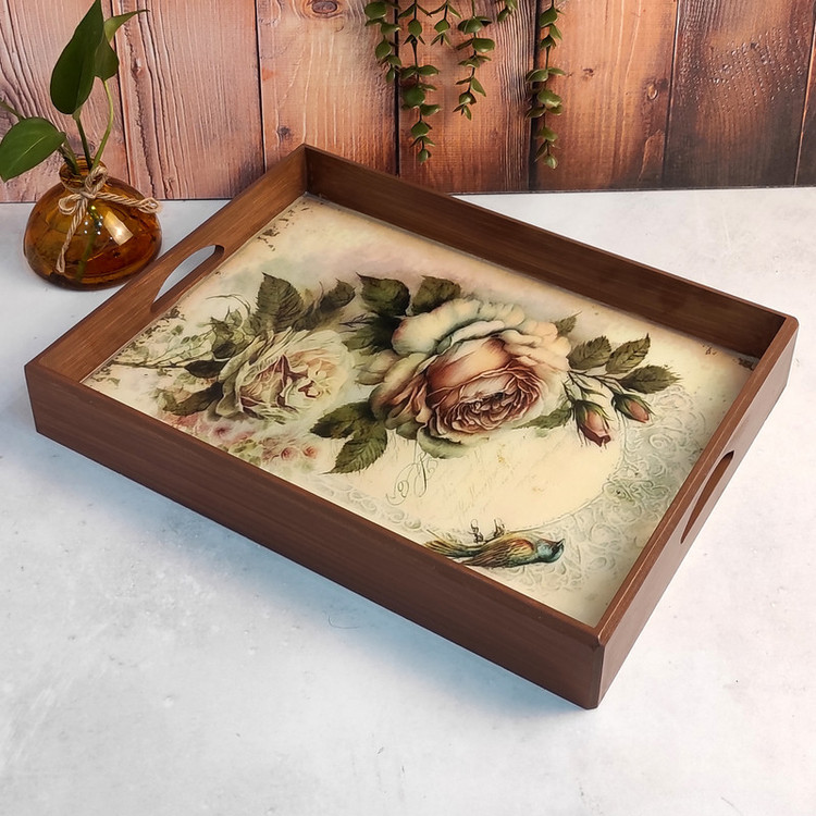 سینی دستساز چوبی رزینی طرح گل رخ