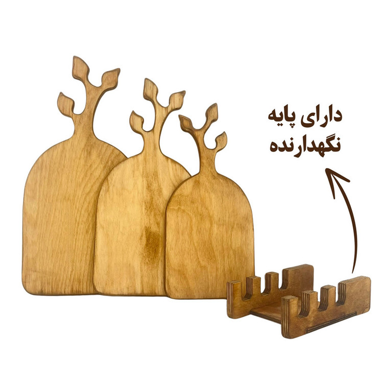 تخته سرو چوبی سهتکه مدل TS21 با استند نگهدارنده، ساخته شده از چوب وارداتی مقاوم به رطوبت، پوشش صددرصد گیاهی، قابل شستوشو با دست، مناسب سرو فینگر فود، میوه، شیرینی و غذاهای فستفودی، کاربرد خانگی و حرفهای