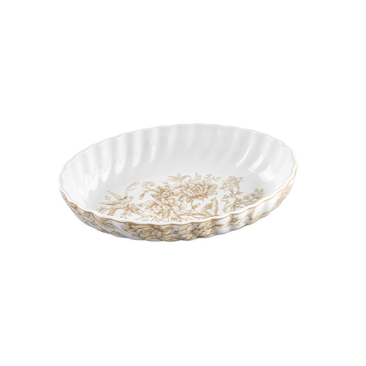 مرغخوری گلد کیش طرح سارینا کد GK701143-6 ظرف سرو بیضی لبه موجدار با نقش گل و پرنده مناسب سرو مرغ و استیک